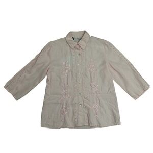 Richard Malcolm Pink Irish Linen Floral Embroidered Eyelet Shirt Womens L button